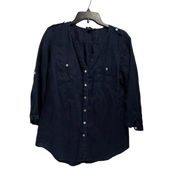 Go Silk Womens Size Large Navy Blue 3/4 Sleeve Button Up Shirt Top Roll Tab Slee - Picture 1 of 4
